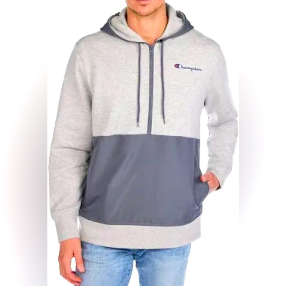 Men’s Champion half zip hoodie, Fleece woven mix fabric, 2 tone, Size L, NWT